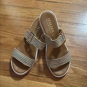 Colorful gold sparkle low platform sandals